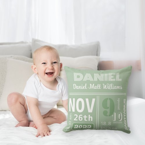 Personalized Modern Sage Green Birth Announcement Throw Pillow