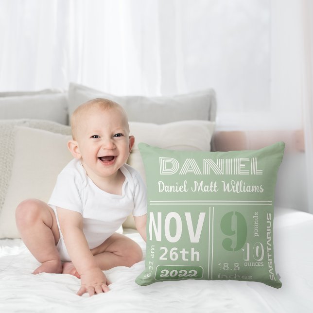 Personalized Modern Sage Green Birth Announcement Throw Pillow (Creator Uploaded)