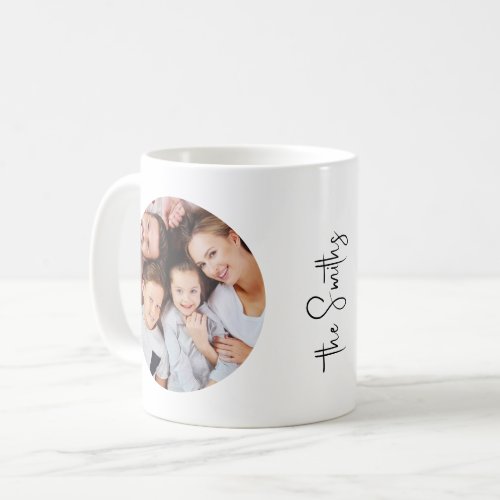 Personalized Modern Script Family Name Two Photos Coffee Mug
