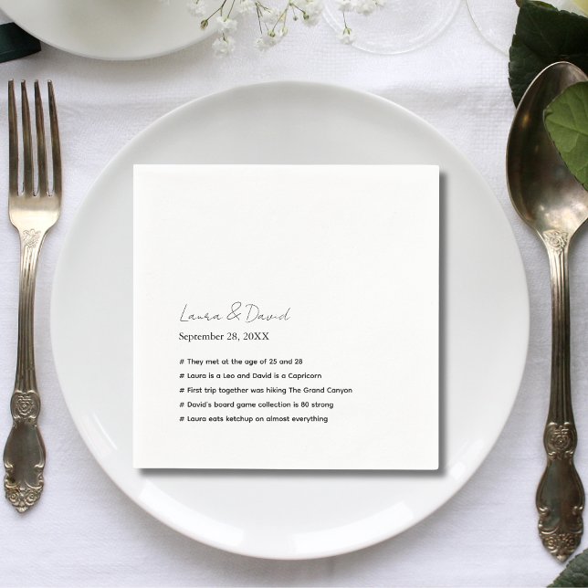 Personalized Modern Script Fun Facts Wedding Paper Napkins (Creator Uploaded)