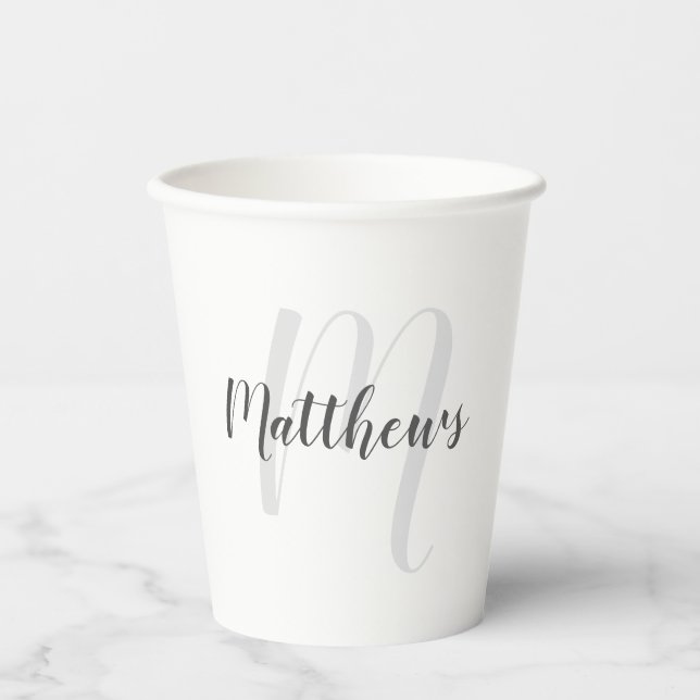 Personalized Modern Script Monogram and Name Paper Cups (Front)