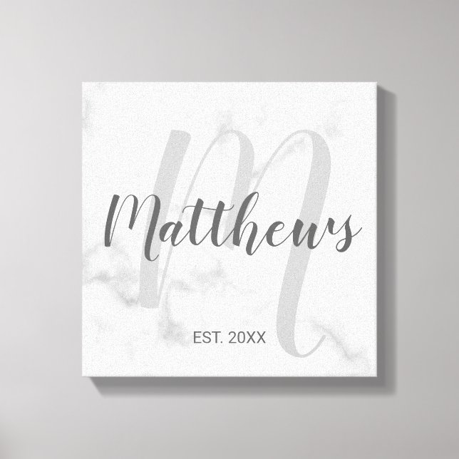 Personalized Modern Script Monogram & Family Name Canvas Print (Front)