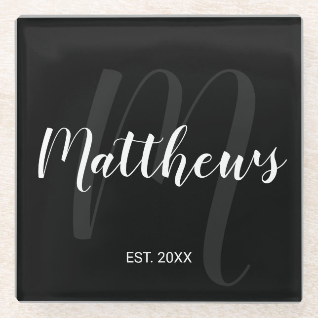 Personalized Modern Script Monogram & Family Name Glass Coaster (Front)