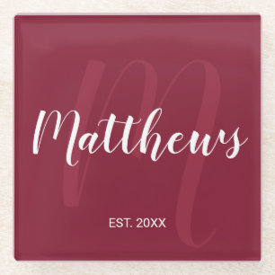 Personalized Modern Script Monogram & Family Name Glass Coaster