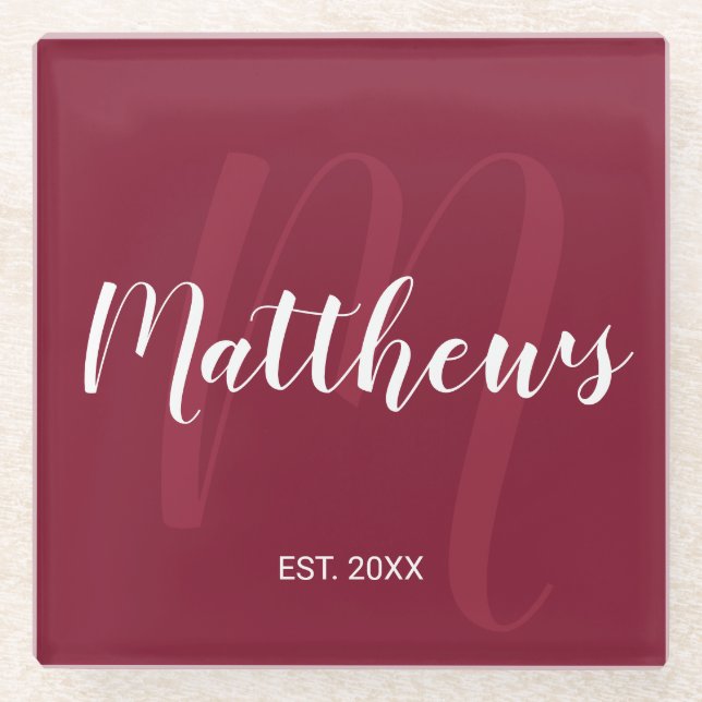 Personalized Modern Script Monogram & Family Name Glass Coaster (Front)