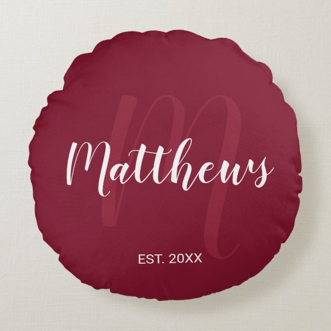 Personalized Modern Script Monogram & Family Name Round Pillow (Front)