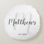 Personalized Modern Script Monogram & Family Name Round Pillow<br><div class="desc">Personalized Monogram and Family Name Gift featuring family name in grey modern script font style and monogram in light grey modern script font style as background with established year in grey sans serif font style on white background. Perfect as gift for newlyweds, holiday gift for family, family reunion favors and...</div>