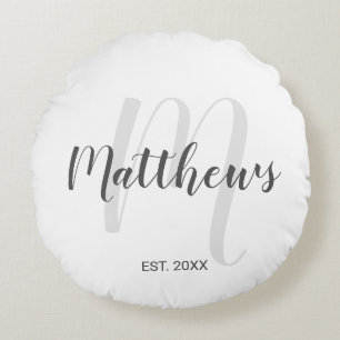 Personalized Modern Script Monogram & Family Name Round Pillow