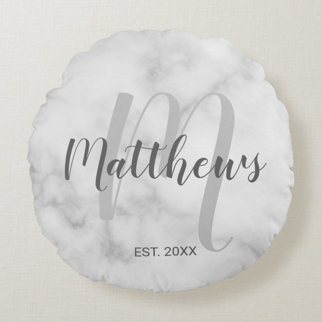 Personalized Modern Script Monogram & Family Name Round Pillow (Front)