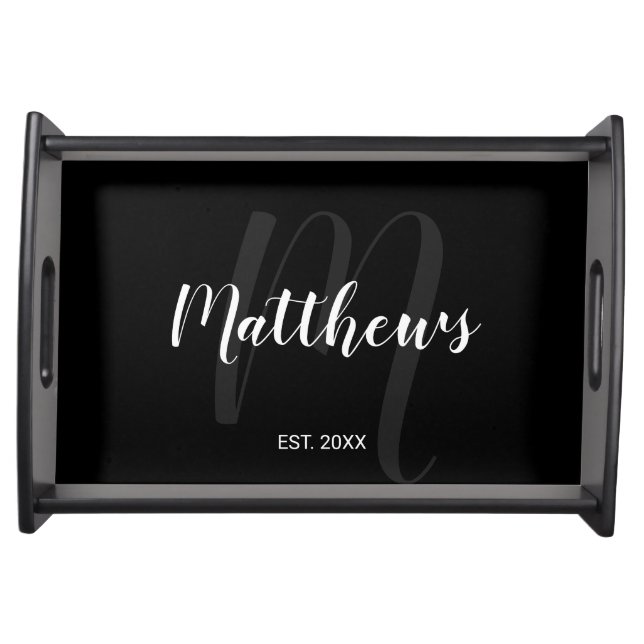 Personalized Modern Script Monogram & Family Name Serving Tray (Front)
