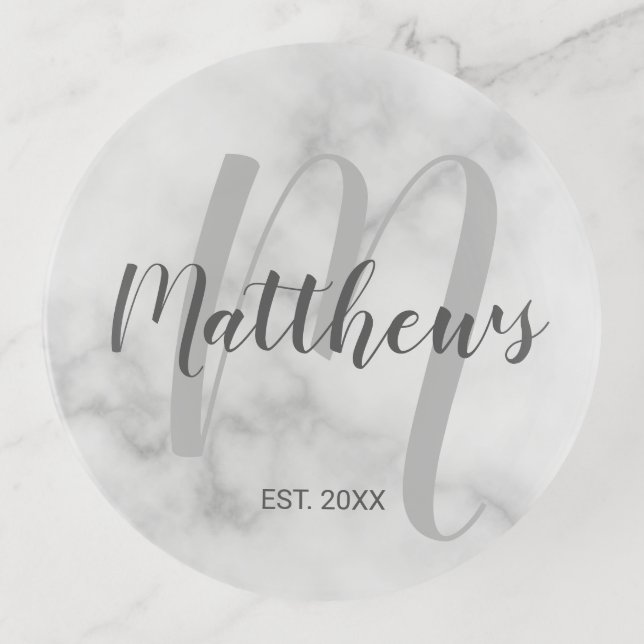 Personalized Modern Script Monogram & Family Name Trinket Tray (Front)