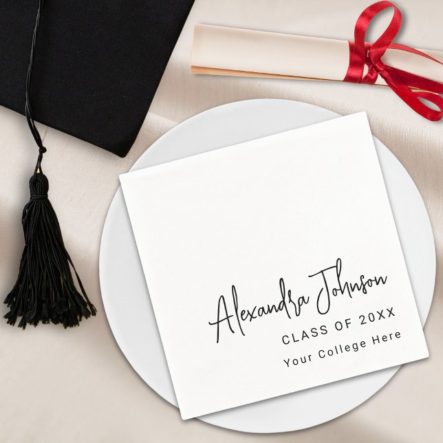 Personalized Modern Script Simple Graduation Party Napkins (Modern trendy script graduation party napkin Minimalist simple stylish chic black and white)
