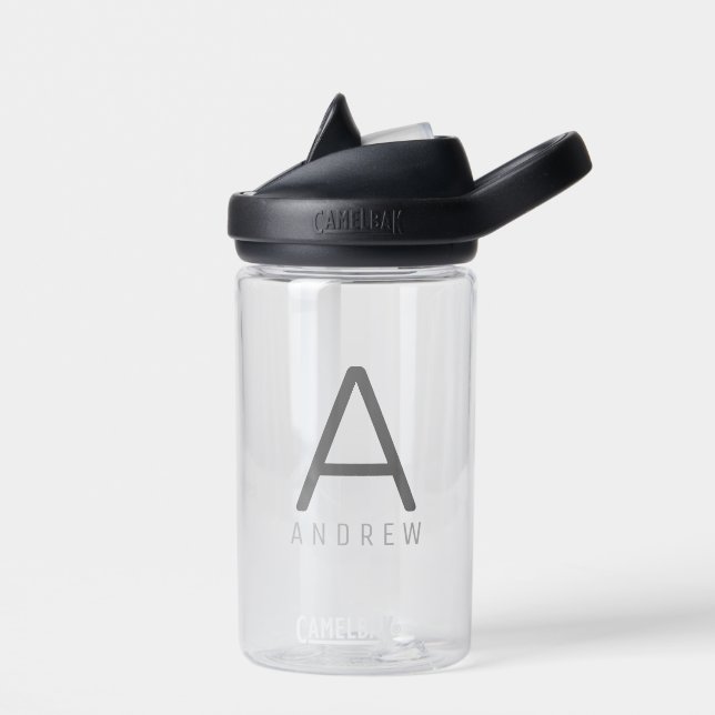 Personalized Modern Simple Black Gray Initial Kids Water Bottle (Left)