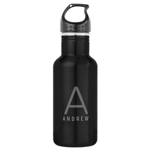 Personalized Modern Simple Black Gray Monogrammed Stainless Steel Water Bottle