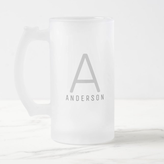 Personalized Modern Simple Monogram Name Frosted Glass Beer Mug (Left)