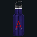 Personalized Modern Simple Red White Blue Monogram Stainless Steel Water Bottle<br><div class="desc">Red, White, and Blue Personalized Name and Initial Letter Stainless Steel Water Bottle with a Custom Monogram in a trendy modern and minimal classic sans serif font for a simple but sophisticated and masculine look. Shown in red and white on a blue metallic water bottle, the text colors and fonts...</div>