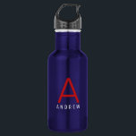 Personalized Modern Simple Red White Blue Monogram Stainless Steel Water Bottle<br><div class="desc">Red, White, and Blue Personalized Name and Initial Letter Stainless Steel Water Bottle with a Custom Monogram in a trendy modern and minimal classic sans serif font for a simple but sophisticated and masculine look. Shown in red and white on a blue metallic water bottle, the text colors and fonts...</div>
