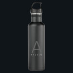 Personalized Modern Simple Subtle Black Monogram Stainless Steel Water Bottle<br><div class="desc">Subtly Personalized Name and Initial Letter Stainless Steel Water Bottle with a Custom Monogram in a trendy modern and minimal classic sans serif font for a simple but sophisticated and masculine look. Shown in gray on a matte black water bottle, the text colors and fonts can be changed, and several...</div>