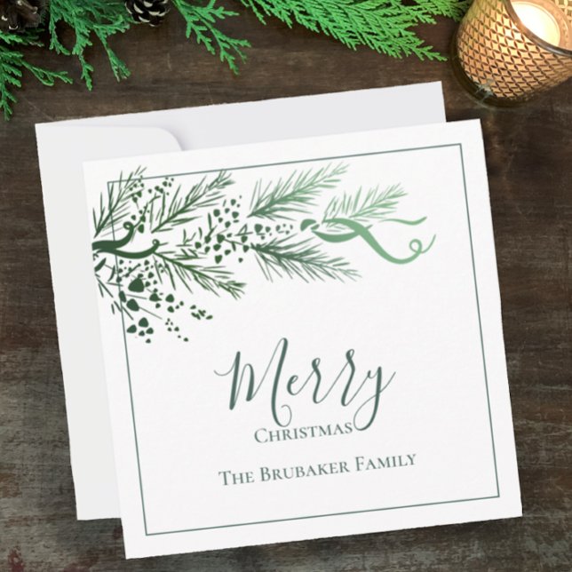 Personalized Modern Simple Unique Merry Christmas Holiday Card (Personalize this elegant modern pine and berry green on white Christmas greeting card.)