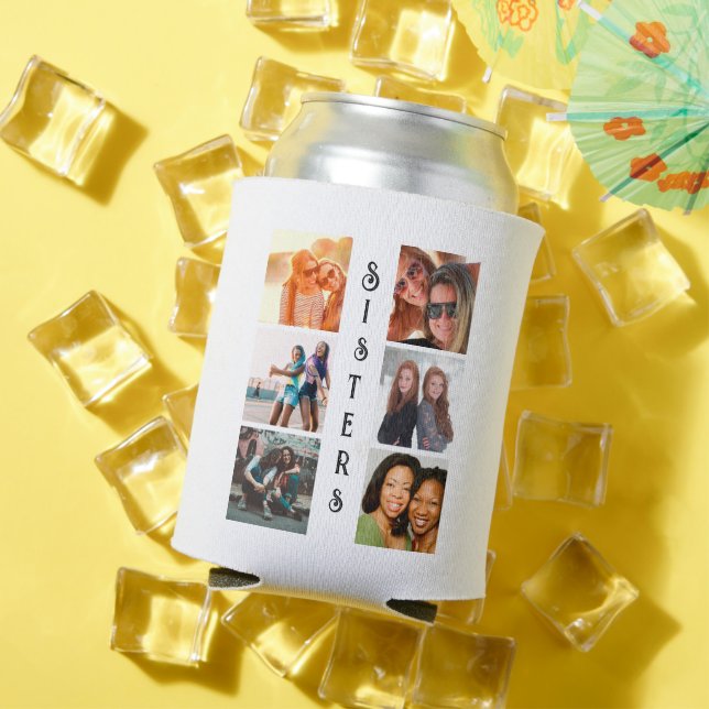 Personalized Modern Sisters 6 Photo Collage Can Cooler (In Situ Summer)
