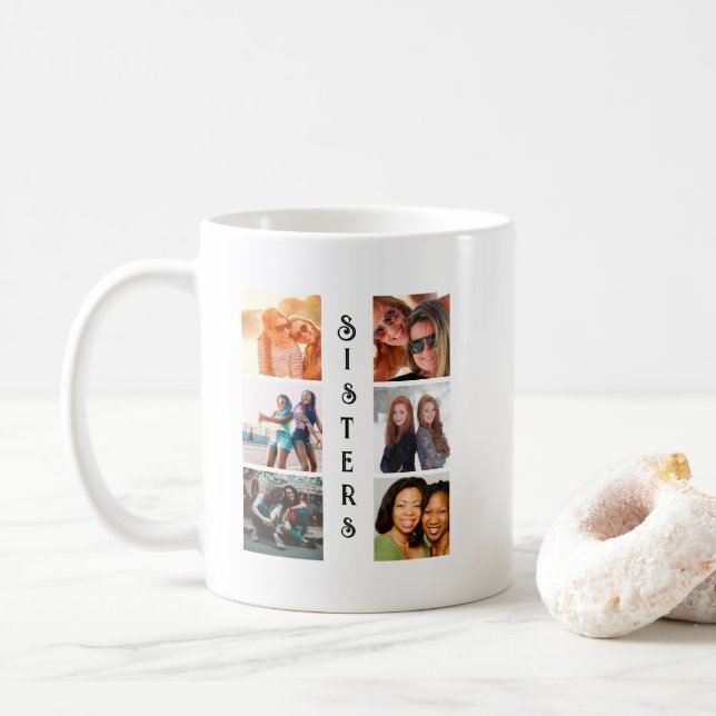 Personalized Modern Sisters 6 Photo Collage Coffee Mug (With Donut)
