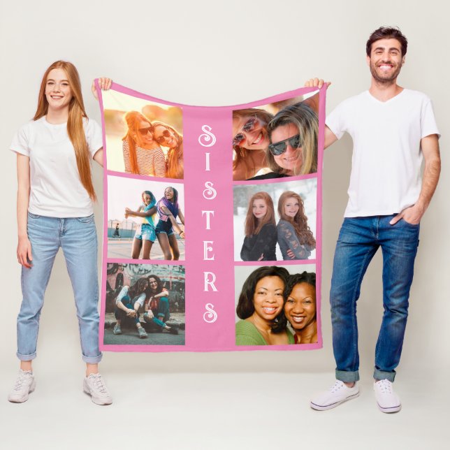 Personalized Modern Sisters 6 Photo Collage Fleece Blanket (In Situ)