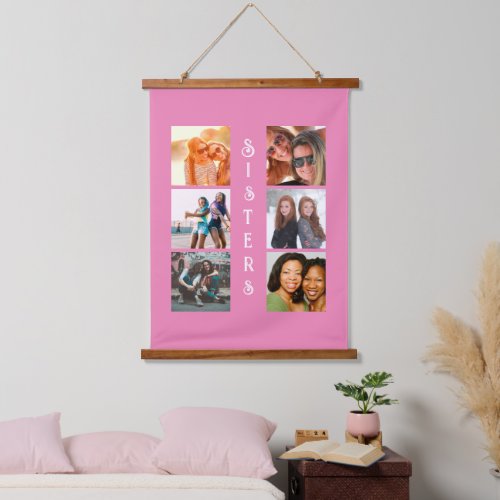 Personalized Modern Sisters 6 Photo Collage Hanging Tapestry