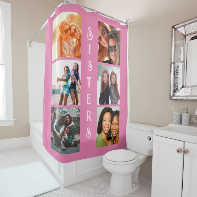 Personalized Modern Sisters 6 Photo Collage Shower Curtain (In Situ)