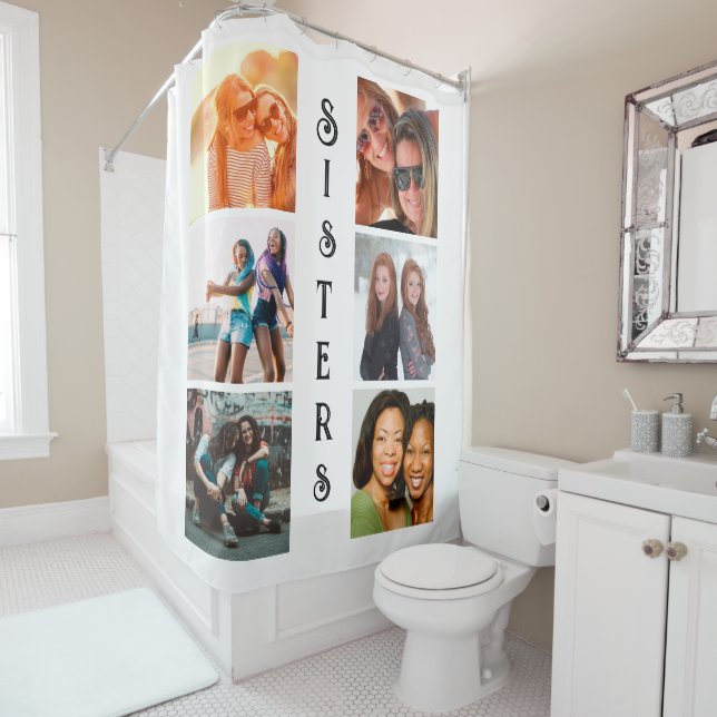 Personalized Modern Sisters 6 Photo Collage Shower Curtain (In Situ)