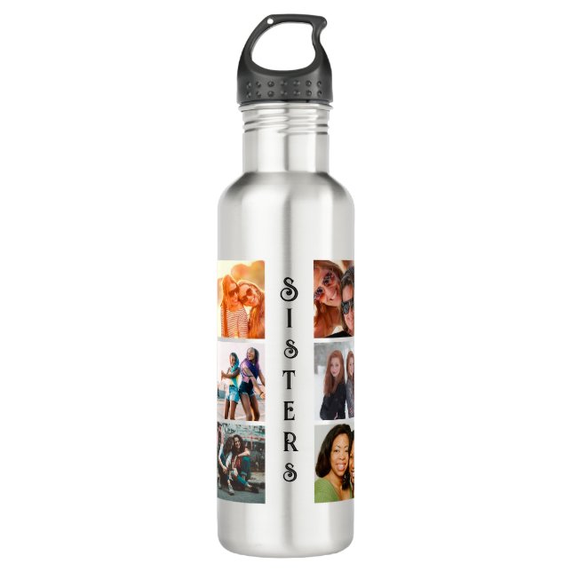 Personalized Modern Sisters 6 Photo Collage Stainless Steel Water Bottle (Front)