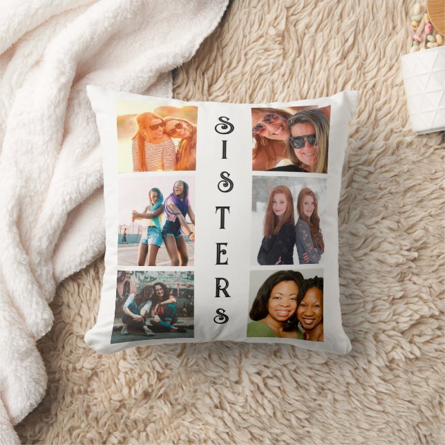 Personalized Modern Sisters 6 Photo Collage Throw Pillow (Blanket)