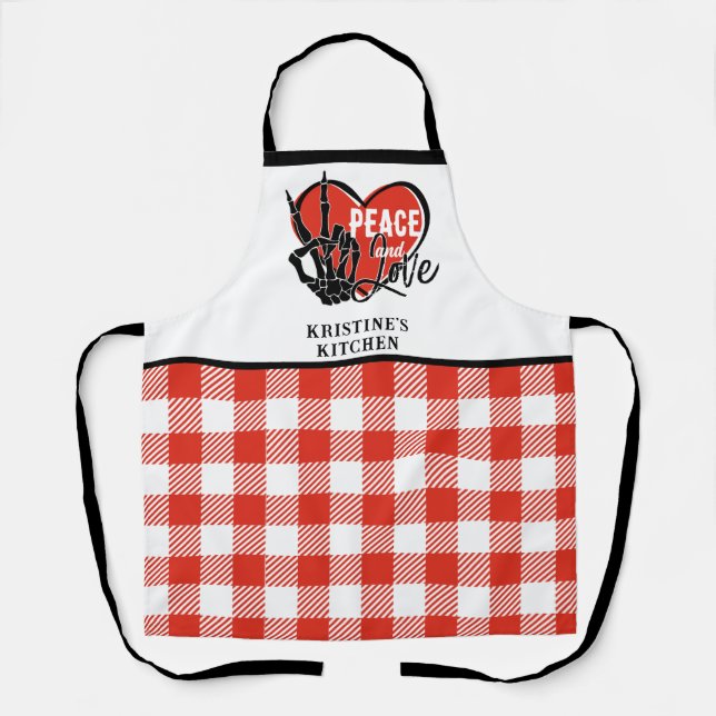 Personalized Modern Skeleton Hand Peace and Love Apron (Front)