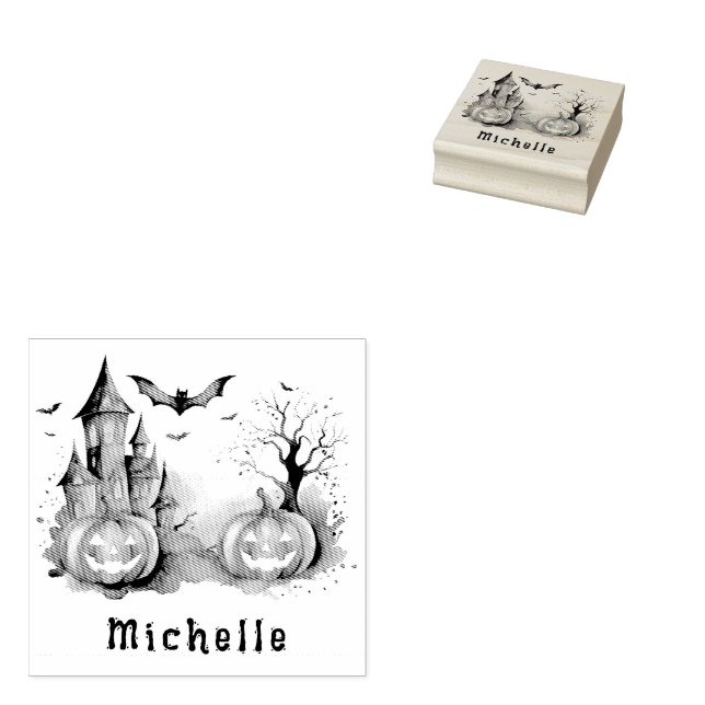 Personalized Modern Spooky Pumpkin  Haunted house  Rubber Stamp (Stamped)