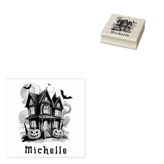 Personalized Modern Spooky Pumpkin  Haunted house  Rubber Stamp (Stamped)
