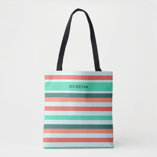 Personalized Modern Stripe Patterned Peach Aqua Tote Bag (Front)