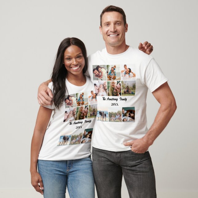 Personalized Modern Stylish Family 9 Photo Collage T-Shirt (Unisex)