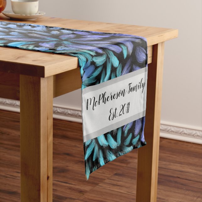 Personalized Modern swirling teal and blue petals Medium Table Runner (In Situ)