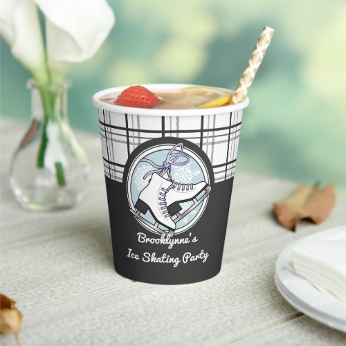 Personalized Modern Tartan Ice Skate Party Paper Cups