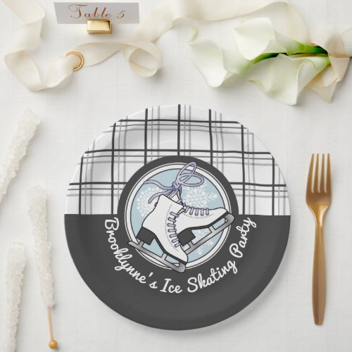 Personalized Modern Tartan Ice Skate Party Paper Plates