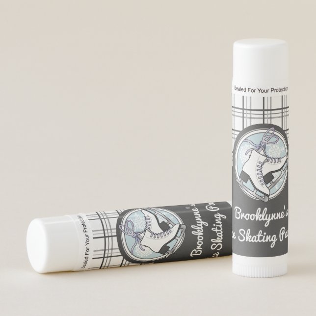 Personalized Modern Tartan Ice Skating Party Favor Lip Balm (Front)
