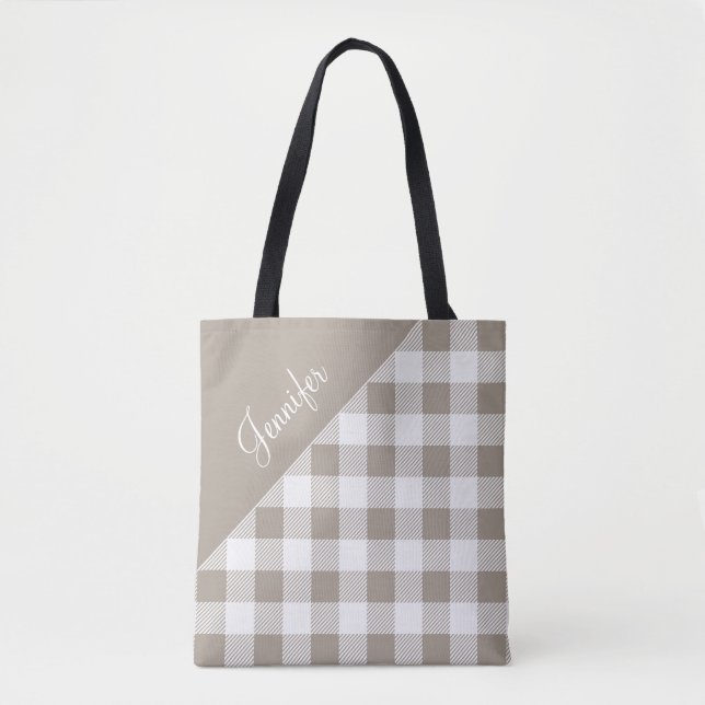 Personalized Modern Taupe Plaid  Tote Bag (Front)