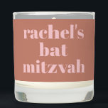 Personalized Modern Terracotta Pink Bat Mitzvah Scented Candle<br><div class="desc">Celebrate a special Bat Mitzvah with this personalized scented candle, featuring a modern terracotta and pink design. Perfect as a unique favor or thoughtful keepsake, this candle adds an elegant touch to any celebration. The sleek, minimalist style makes it ideal for modern Bat Mitzvahs, and the personalized details create a...</div>