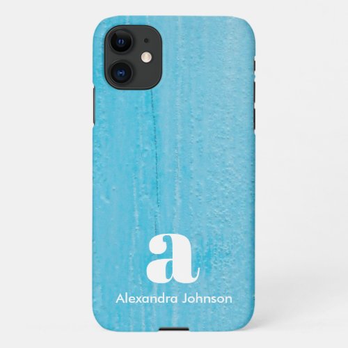 Personalized Modern Turquoise Blue Monogram Wood iPhone 11 Case