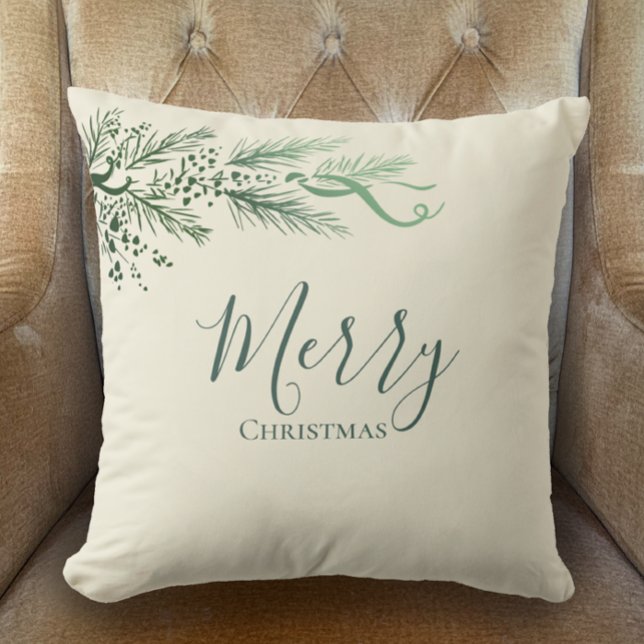 Personalized Modern Unique Pine Merry Christmas Throw Pillow (Add your name to the back of this pillow. My hand drawn pine Merry Christmas sage and cream decor.)