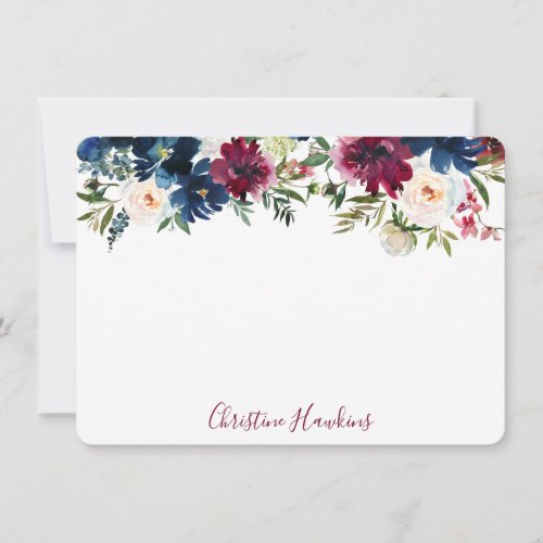 Personalized Modern Watercolor Floral Wine Blue Note Card
