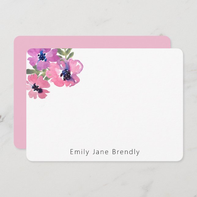 Personalized Modern Watercolor Pink Floral  Note Card (Front/Back)