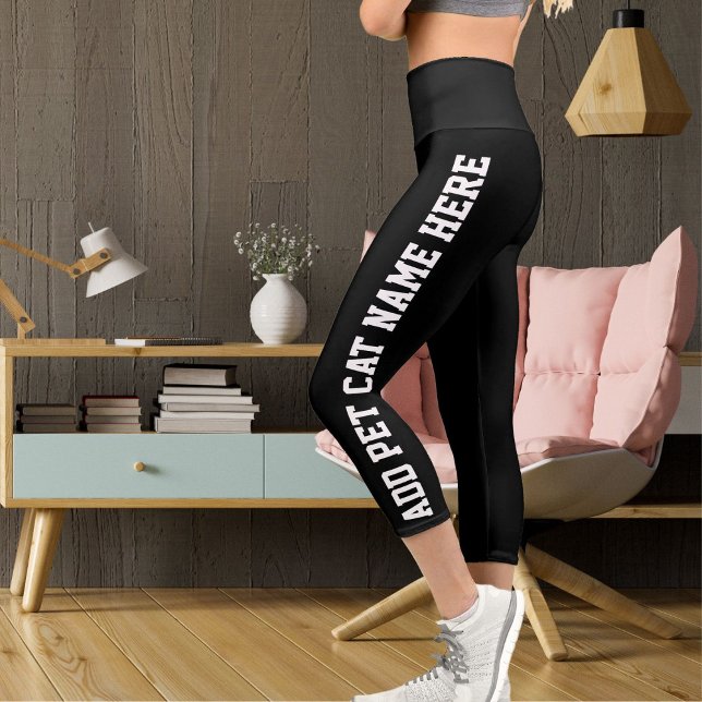 Personalized Modern White Black Pet Cat Name Cute Capri Leggings (Creator Uploaded)