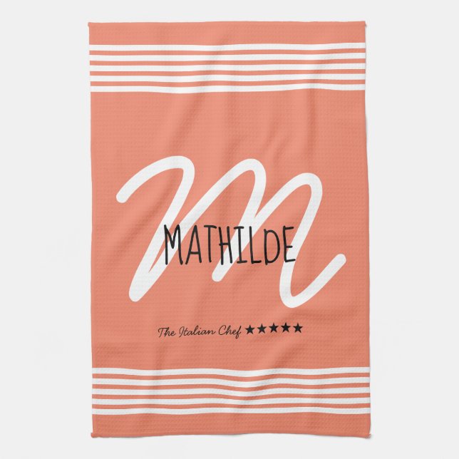 Personalized Modern White Elegant Monogram Chef Kitchen Towel (Vertical)