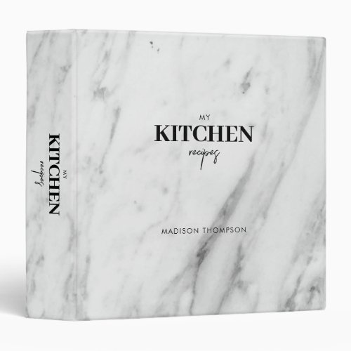 Personalized Modern White Marble Kitchen Recipe  3 Ring Binder