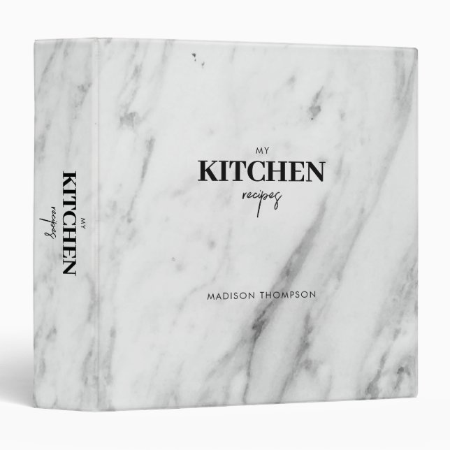 Personalized Modern White Marble Kitchen Recipe  3 Ring Binder (Front/Spine)